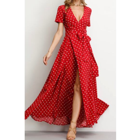Candy Red white Polka Dot Wrap Maxi Dress Size Small medium Retro Summer flowy - Picture 1 of 9
